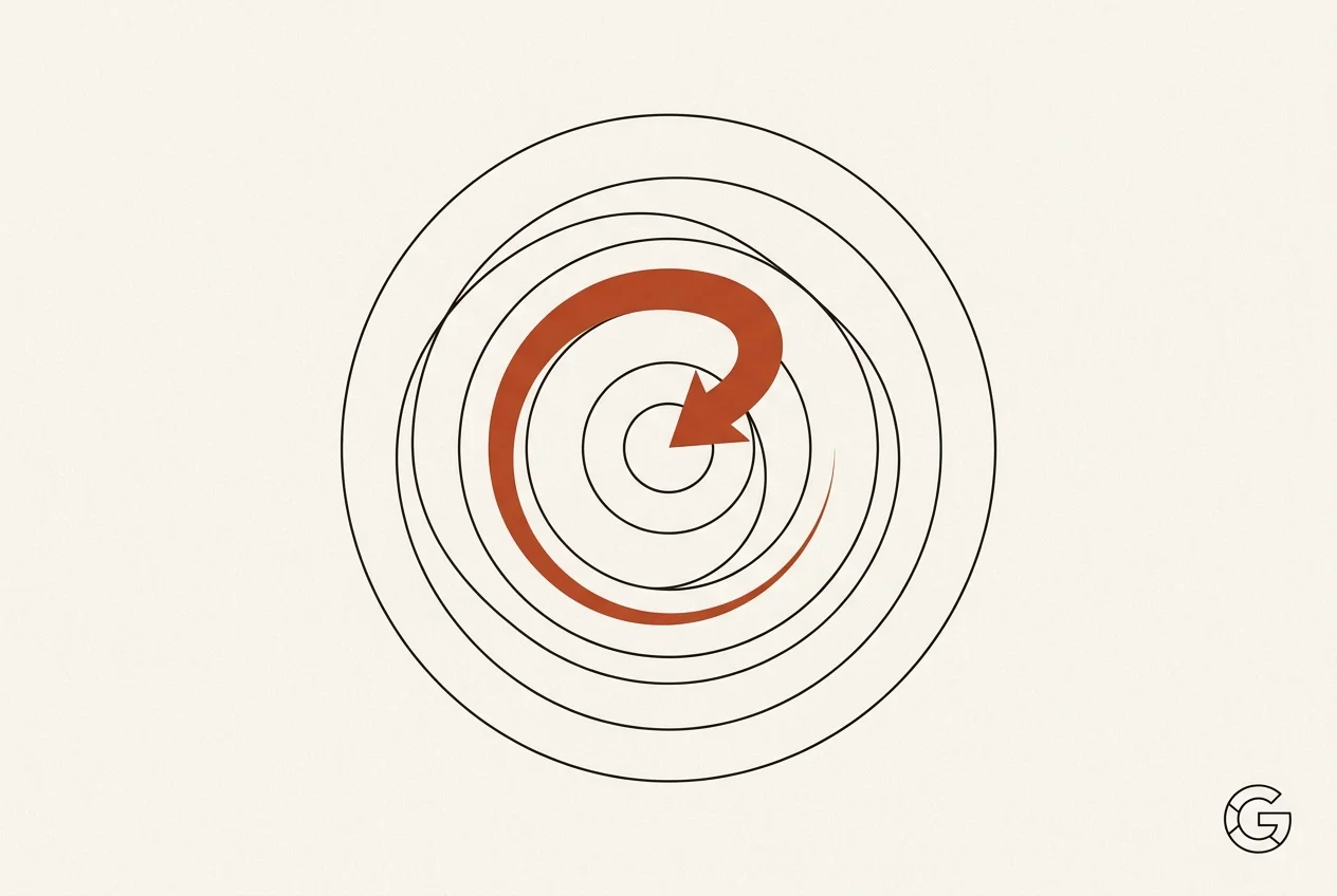 Abstract illustration of concentric target rings with a sienna arrow curving to the centre
