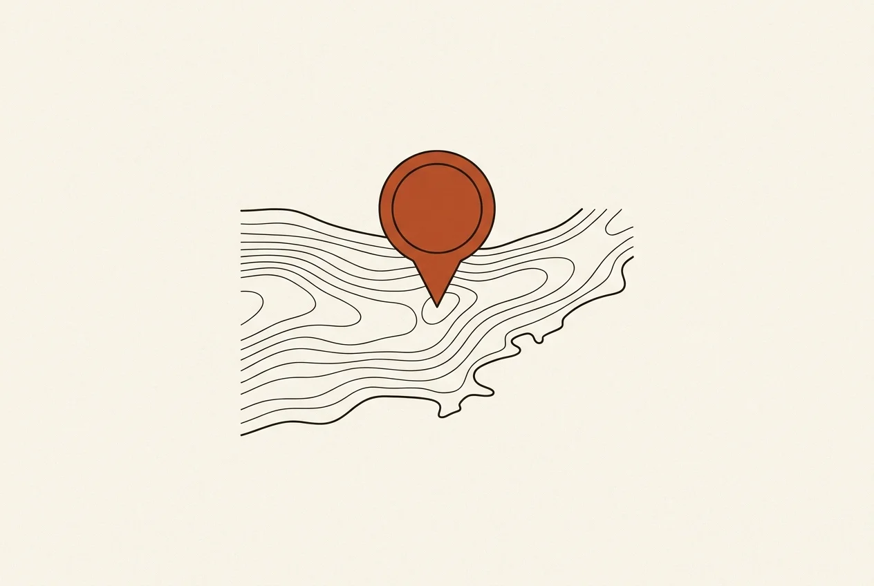 Abstract illustration of a map pin rising from topographic contour lines