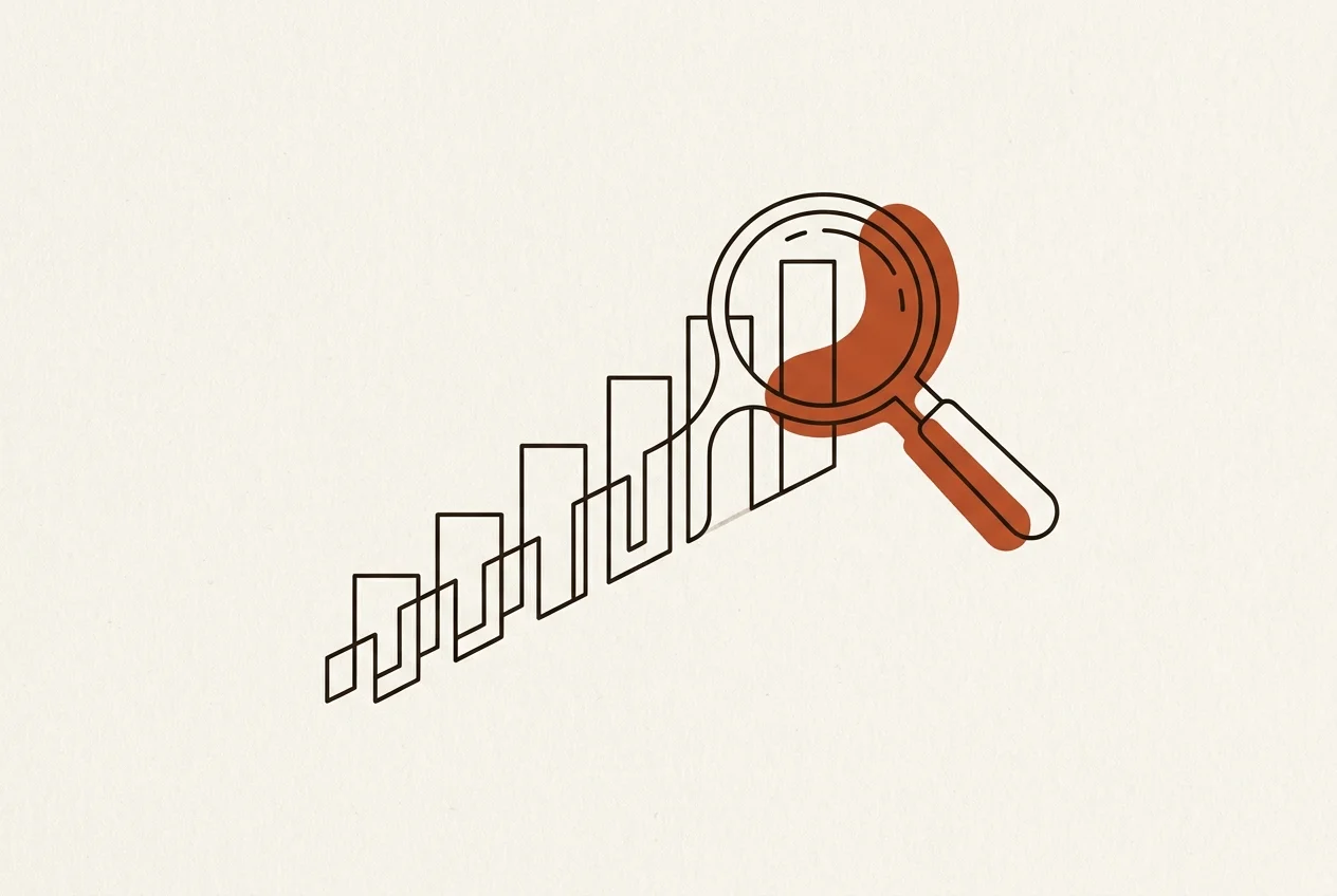 Abstract illustration of a rising bar chart merging into a magnifying glass