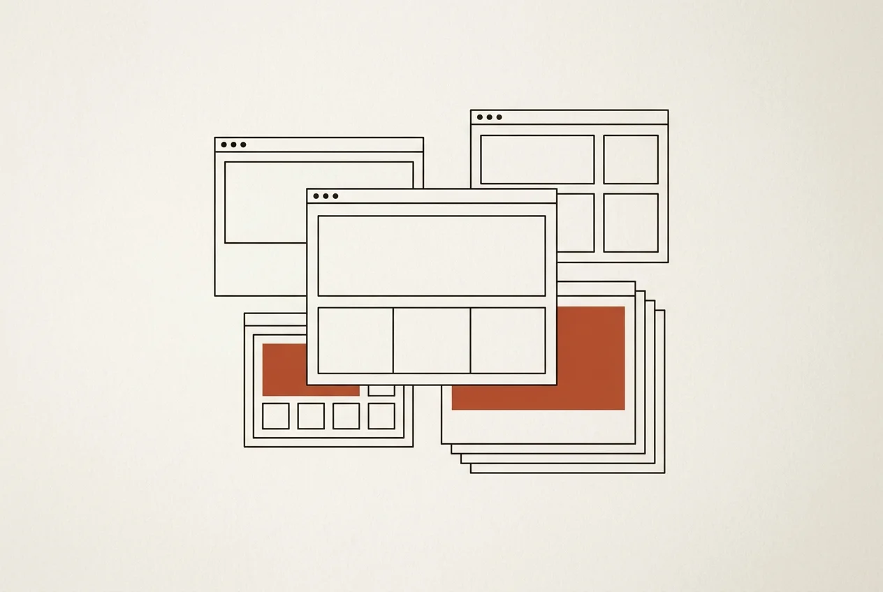 Abstract illustration of browser windows and layout grids in warm paper and sienna tones